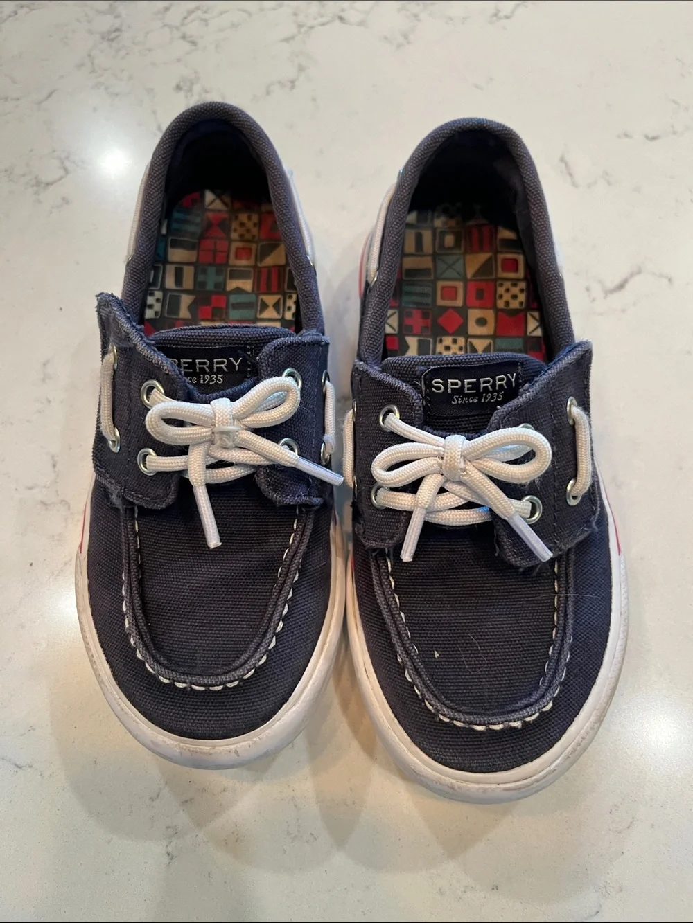 Kids Sperry Navy Canvas Boat Shoes with White Laces